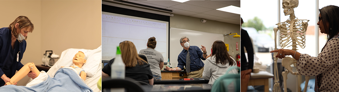 This is a collage of pictures, featuring students and Instructors from varying Health Science programs, shown engaged in classroom and hands on learning. 